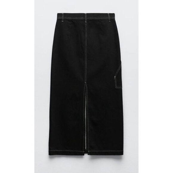 NWT Zara High Waist Long Black Denim Contrast Stitched Apron Skirt, Size XXS - Picture 3 of 9